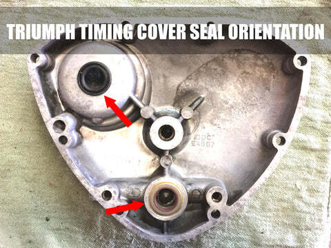 Triumph timing cover oil seal installed with spring facing the oil feed inside the cover Triumph timing cover oil seal installed with spring facing the oil feed inside the cover